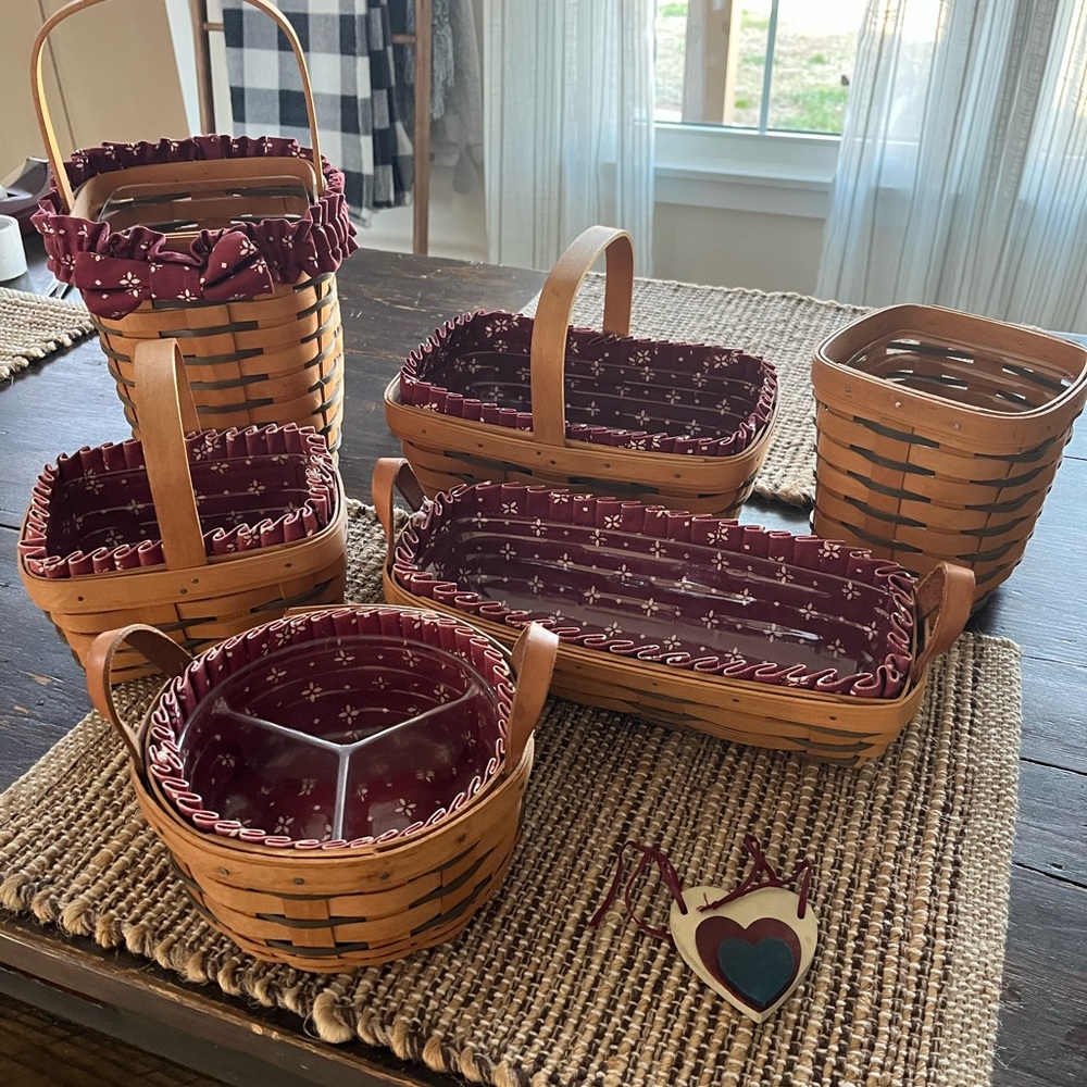 Longaberger Brown Basket Set with Burgundy Liners